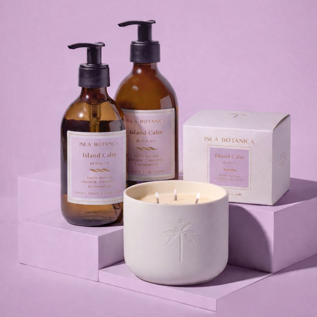 Set of Isla Botanica products including bottles and a candle on a purple background